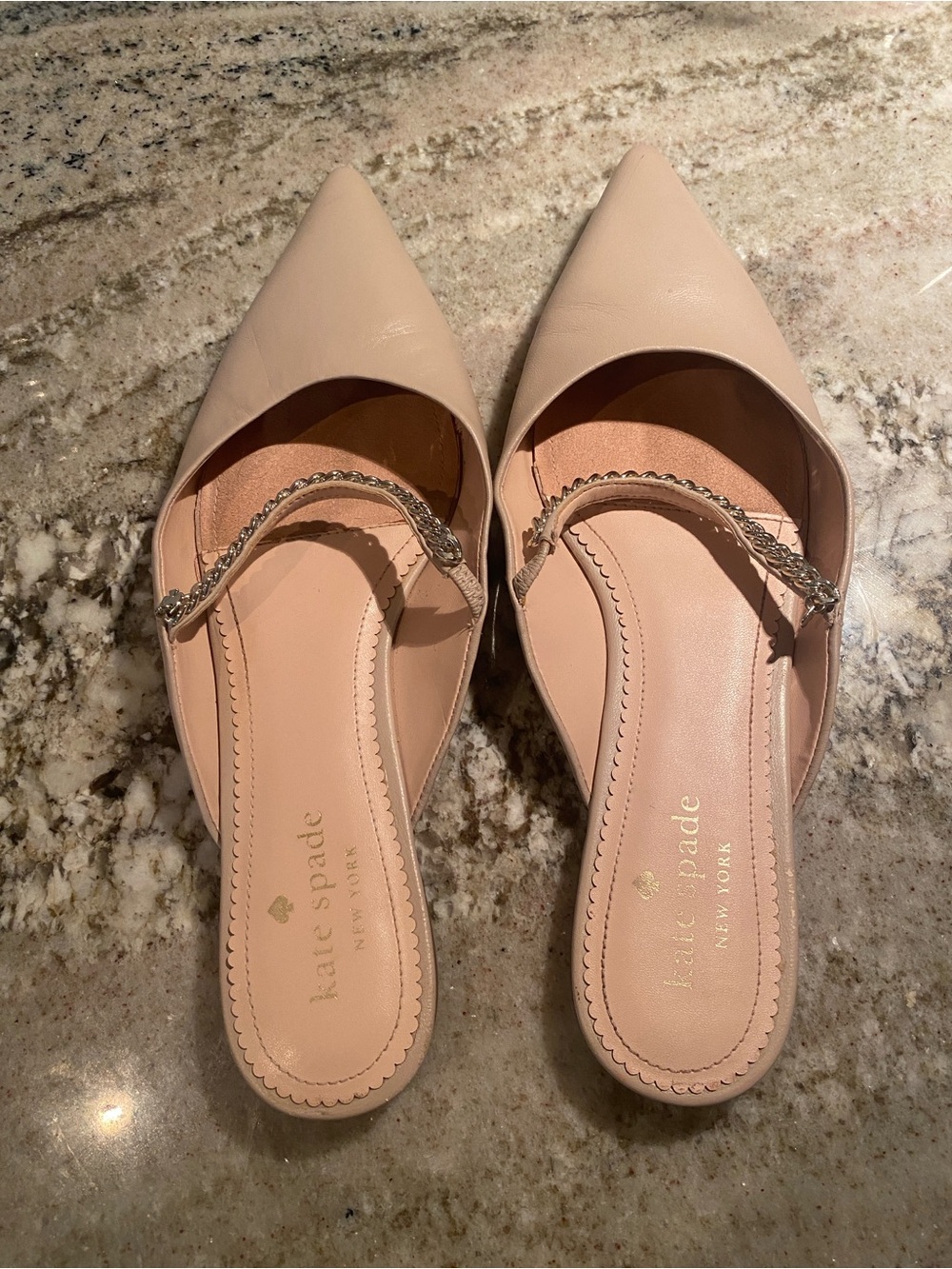 kate spade Blush Pointed-Toe Leather Mules with Chain Strap